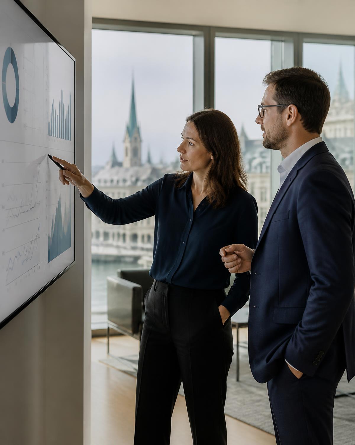 Zwei Fachpersonen besprechen Geschäftskennzahlen in einem Büro in Zürich